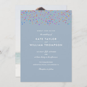 Romantic Rainbow Confetti Dusty Blue Photo Weddens Kaart