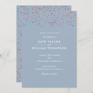 Romantic Rainbow Confetti Dusty Blue Wedding Kaart