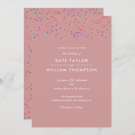 Romantic Rainbow Confetti Dusty Roos Wedding Kaart (Voorkant / Achterkant)
