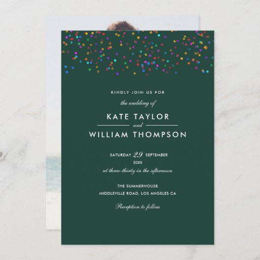 Romantic Rainbow Confetti Emerald Photo Weddenscha Kaart (Voorkant / Achterkant)