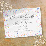 Romantic Rainbow Confetti Save the Date Briefkaart<br><div class="desc">Romantische Rainbow Confetti Save The Date Kaart Personaliseer met uw namen en gegevens in een prachtig faux silver lettertype op een delicate regenboog confetti achtergrond. Ontworpen door Thisnotme©</div>