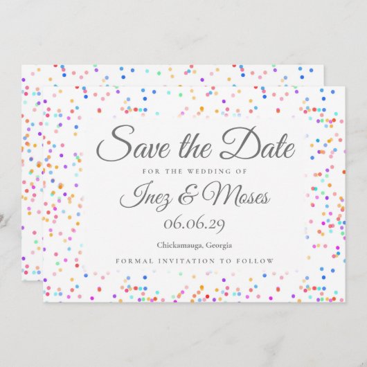 Romantic Rainbow Confetti Save the Date Kaart (Voorkant / Achterkant)