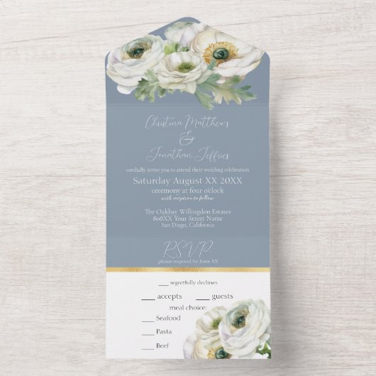 Romantic Ranunculus op Dusty Blue All In One Uitnodiging (Binnen)