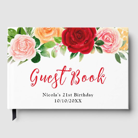Romantic Red and Orange Roses Birthday  Gastenboek (Voorkant)