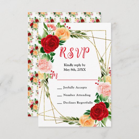 Romantic Red and Orange Roses RSVP Kaartje (Voorkant / Achterkant)