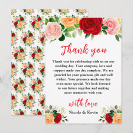 Romantic Red and Orange Roses Wedding Bedankkaart