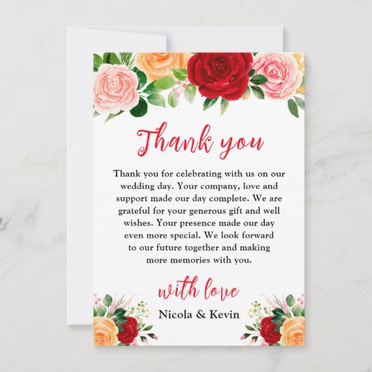 Romantic Red and Orange Roses Wedding Bedankkaart (Voorkant)