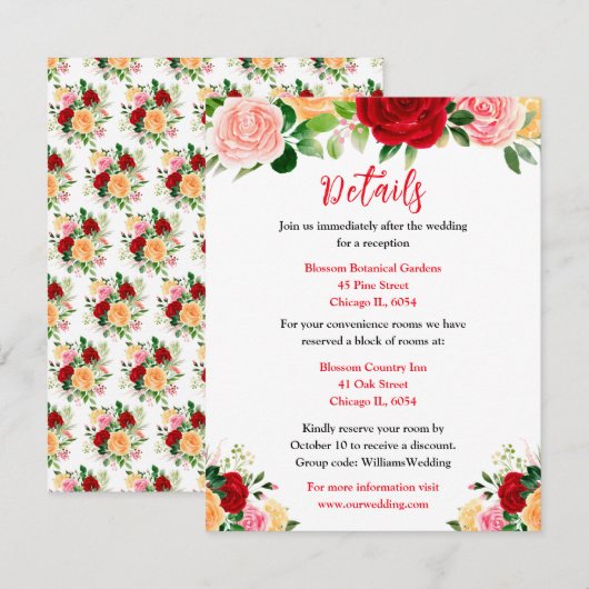 Romantic Red and Orange Roses Wedding Details Informatiekaartje (Voorkant / Achterkant)