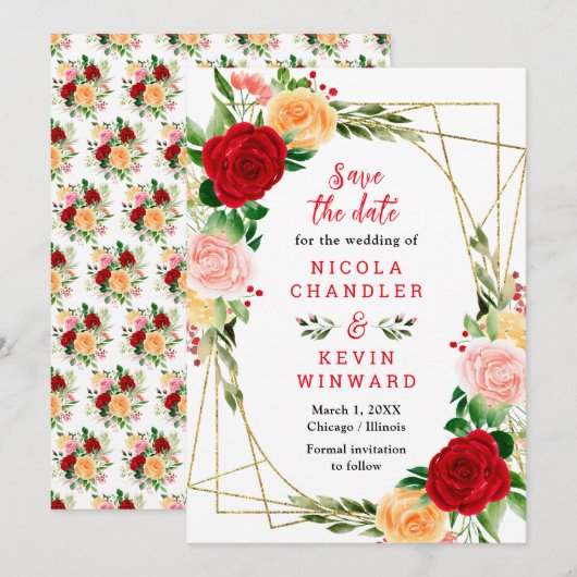 Romantic Red and Orange Roses Wedding Save The Date (Voorkant / Achterkant)