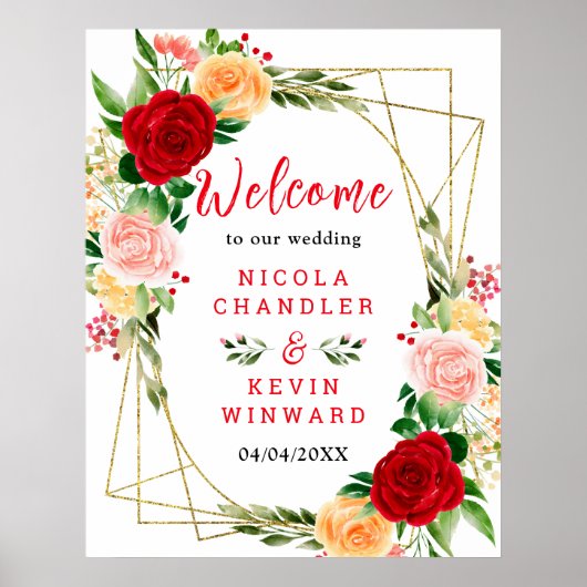 Romantic Red and Orange Roses Wedding Welcome Sign Poster (Voorkant)