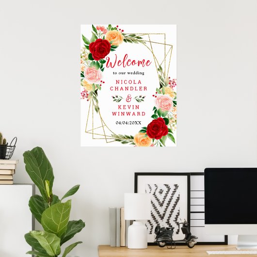 Romantic Red and Orange Roses Wedding Welcome Sign Poster (Thuiskantoor)