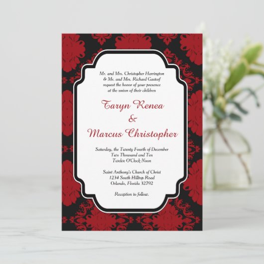 Romantic Red Black Damask 5x7 Weddenschap Kaart (Staand voorkant)