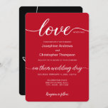 Romantic Red Black, Valentijns huwelijk Kaart<br><div class="desc">Dit romantische, rode en zwarte elegante trouwuitnodigingsontwerp gebruikt een geavanceerd en modern script lettertype voor het woord "Love". Liefde mislukt nooit. Ideaal voor een Valentijns huwelijk. Personaliseer en pas aan met uw trouwinformatie, bruid en bruidenamen, trouwdatum, plaats, plaatsdetails. Neem contact met me op via info@lddesignloft.com als je hulp nodig hebt....</div>