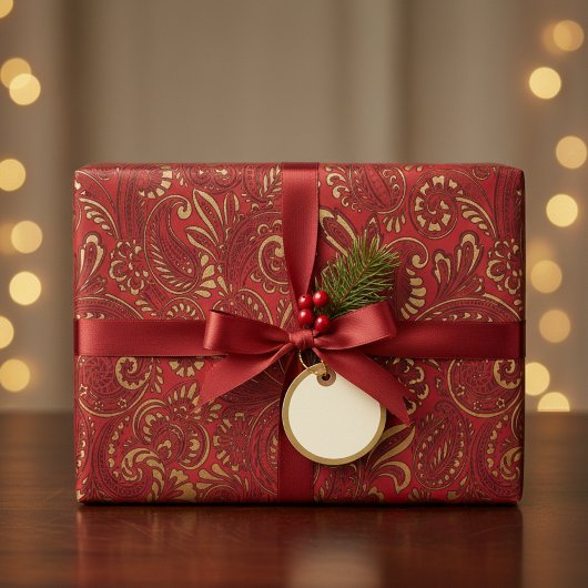 Romantic Red Bold Damask Paisley Bold Floral Cadeaupapier