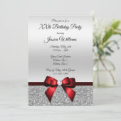 Romantic Red Bow & Silver Glitter Birthday Kaart (Staand voorkant)