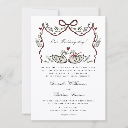 Romantic Red Bow Swans Formal Wedding Invitation Kaart (Voorkant)