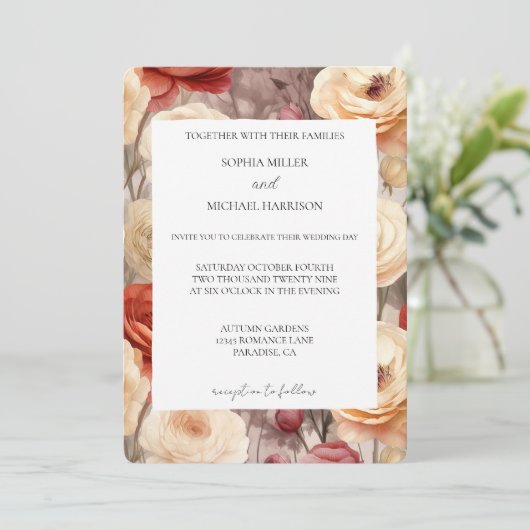 Romantic Red Cream Floral Wedding Kaart (Staand voorkant)