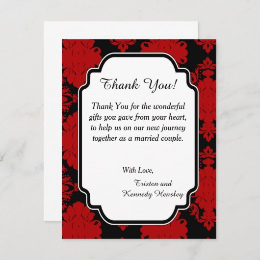 Romantic Red Damask 4x5 Flat Weddenschap Hartelijk Bedankkaart (Voorkant / Achterkant)