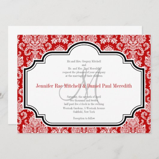 Romantic Red Damask Black White Wedding Invites Kaart (Voorkant / Achterkant)