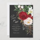 Romantic Red Floral Black Parchment Ivory Wedding Save The Date (Voorkant)