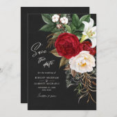 Romantic Red Floral Black Parchment Ivory Wedding Save The Date (Voorkant / Achterkant)