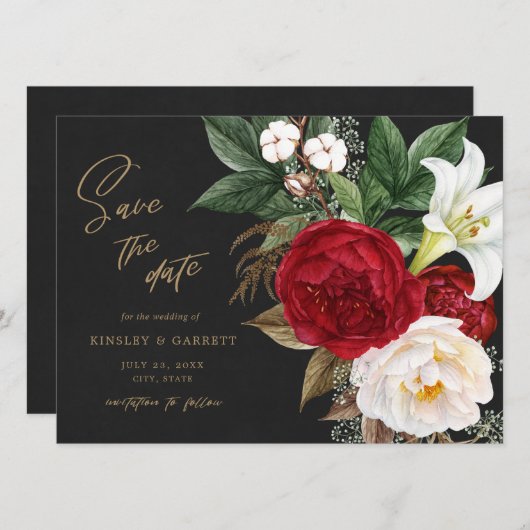Romantic Red Floral Bouquet Black & Gold Wedding S Save The Date (Voorkant / Achterkant)