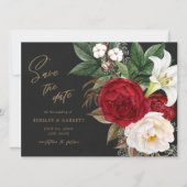Romantic Red Floral Bouquet Black & Gold Wedding S Save The Date (Voorkant)