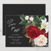 Romantic Red Floral Bouquet Black & White Wedding Save The Date (Voorkant / Achterkant)