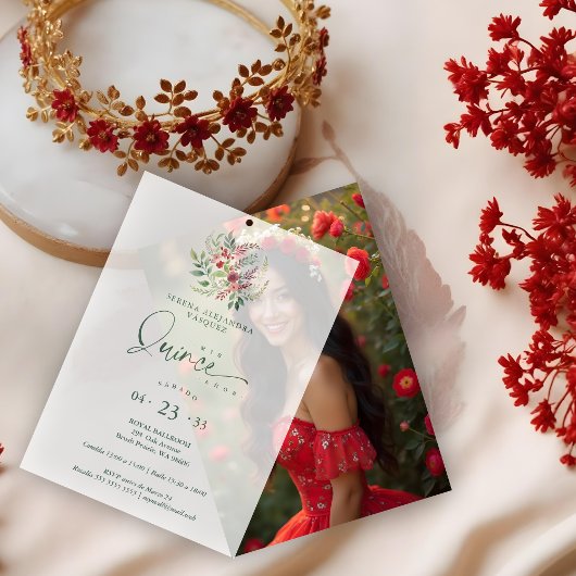 Romantic Red Floral Floral Boho Quinceañera Vellum Uitnodigingen