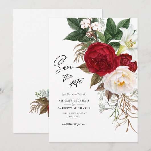 Romantic Red Floral Monogram Weddenschap bewaart d Kaart (Voorkant / Achterkant)