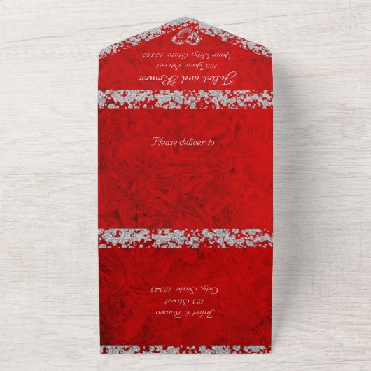 Romantic Red, Glitter Border & Heart All In One Uitnodiging (Buitenkant)