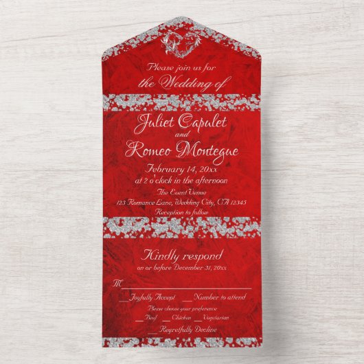 Romantic Red, Glitter Border & Heart All In One Uitnodiging (Binnen)
