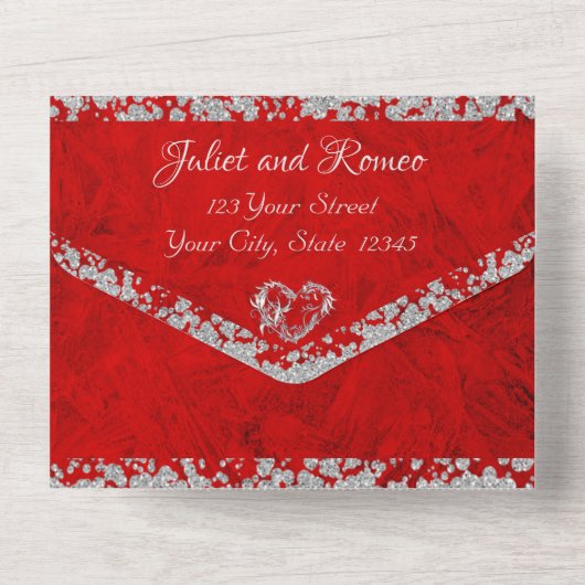 Romantic Red, Glitter Border & Heart All In One Uitnodiging (Achterkant)