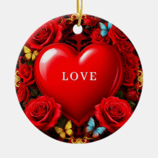 Romantic Red Heart Framed by Roses and Butterflies Keramisch Ornament
