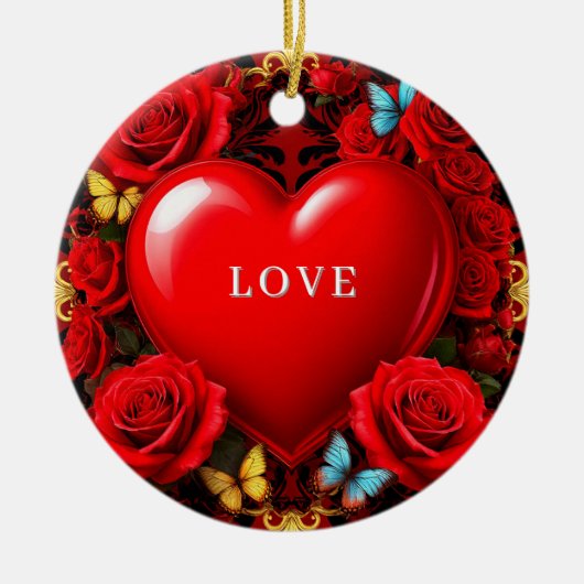 Romantic Red Heart Framed by Roses and Butterflies Keramisch Ornament (Voorkant)