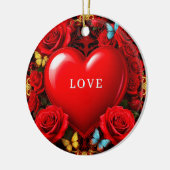 Romantic Red Heart Framed by Roses and Butterflies Keramisch Ornament (Links)