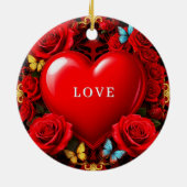 Romantic Red Heart Framed by Roses and Butterflies Keramisch Ornament (Achterkant)