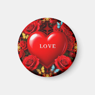 Romantic Red Heart Framed by Roses and Butterflies Magneet