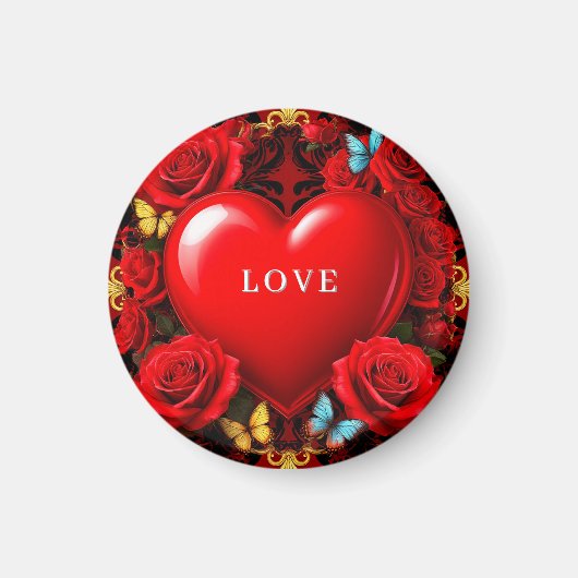 Romantic Red Heart Framed by Roses and Butterflies Magneet (Voorkant)