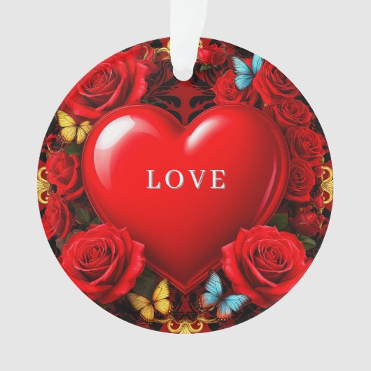 Romantic Red Heart Framed by Roses and Butterflies Ornament (voorkant)