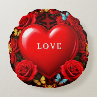 Romantic Red Heart Framed by Roses and Butterflies Rond Kussen