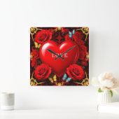 Romantic Red Heart Framed by Roses and Butterflies Vierkante Klok (Huis)