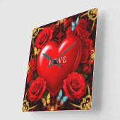 Romantic Red Heart Framed by Roses and Butterflies Vierkante Klok (Hoek)