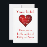 Romantic Red Heart met naam en huwelijksdatum Kaart<br><div class="desc">Dit elegante trouwuitnodigingsontwerp maakt een geweldige afwerking op je trouwdecor, met een eenvoudig romantisch rood hart op een witte achtergrond. In de tekst aan het hart staat de heer & Mrs. en een steekproeffamilienaam met placeholder voor het jaar onder de naam in een fancy witte doopvont en het rond het...</div>