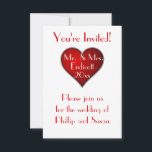 Romantic Red Heart met naam en huwelijksdatum Kaart<br><div class="desc">Dit elegante trouwuitnodigingsontwerp maakt een geweldige afwerking op je trouwdecor, met een eenvoudig romantisch rood hart op een witte achtergrond. In de tekst aan het hart staat de heer & Mrs. en een steekproeffamilienaam met placeholder voor het jaar onder de naam in een fancy witte doopvont en het rond het...</div>