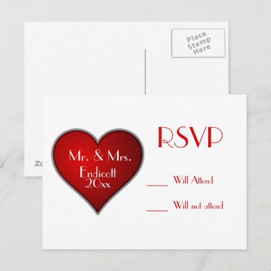 Romantic Red Heart met naam en huwelijksdatum RSVP Uitnodiging Briefkaart (Voorkant / Achterkant)