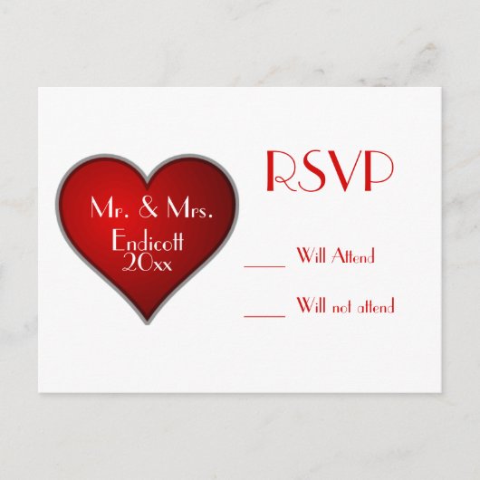 Romantic Red Heart met naam en huwelijksdatum RSVP Uitnodiging Briefkaart (Voorkant)