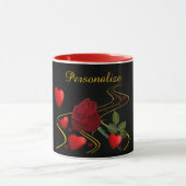Romantic Red Hearts en Roos Gold Ribbon Personalis Mok (Midden)