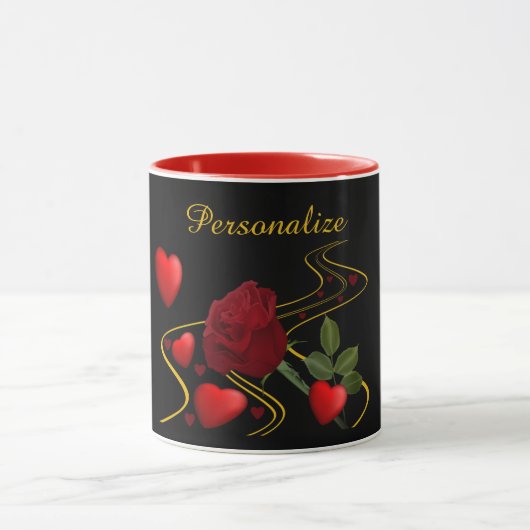 Romantic Red Hearts en Roos Gold Ribbon Personalis Mok (Midden)