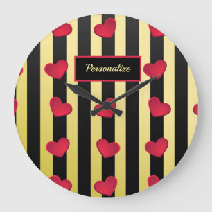 Romantic Red Hearts Gold Black Stripes personalise Grote Klok